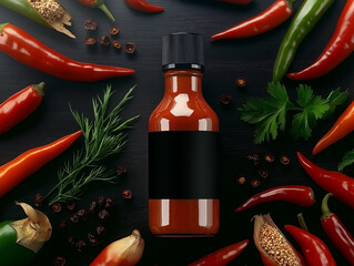 Hot sauce bottle surrounded by chili peppers, herbs, and spices on black background