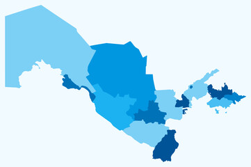 Map of Uzbekistan with regions. Just a simple country border map with region division. Light blue color palette. Plain Uzbekistan shape with administrative division. Vector illustration.