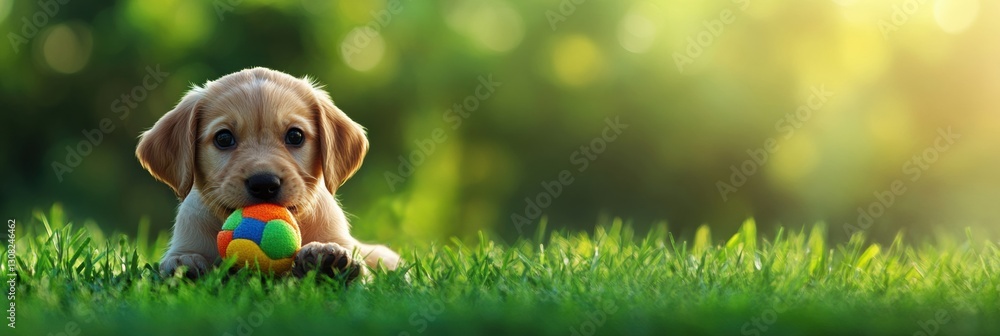 Poster playful puppy enjoys a colorful chew toy on soft green grass in natural light, perfect for fuzzy pet