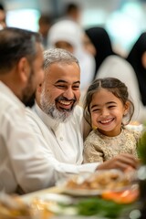 A photographer captures moments of laughter and connection during the iftar event. He focuses on the smiles of families sharing a meal together