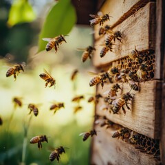 Golden honeycomb layers nestle within an intricately crafted wooden beehive, crowned by expansive hexagons shimmering in sunlight