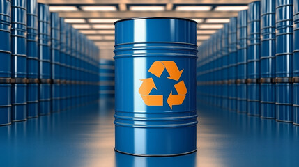 Blue recycling barrel standing out in warehouse: promoting eco-friendly practices for industrial waste