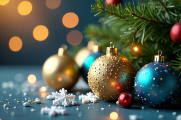 Holiday web banner featuring shimmering gold and blue baubles, glittering lights, festive design.  Depth of field, warm inviting lighting, celebratory atmosphere.  Professional quality, high resolutio