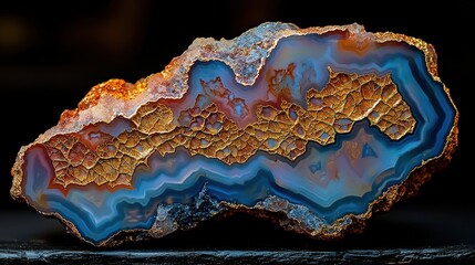 Elegant Gold and Blue Agate Stone with Intricate Patterns and Textures