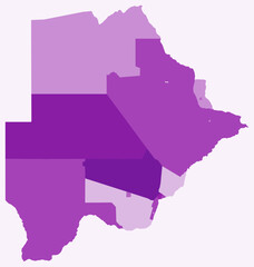 Map of Botswana with regions. Just a simple country border map with region division. Purple color palette. Plain Republic of Botswana shape with administrative division. Vector illustration.