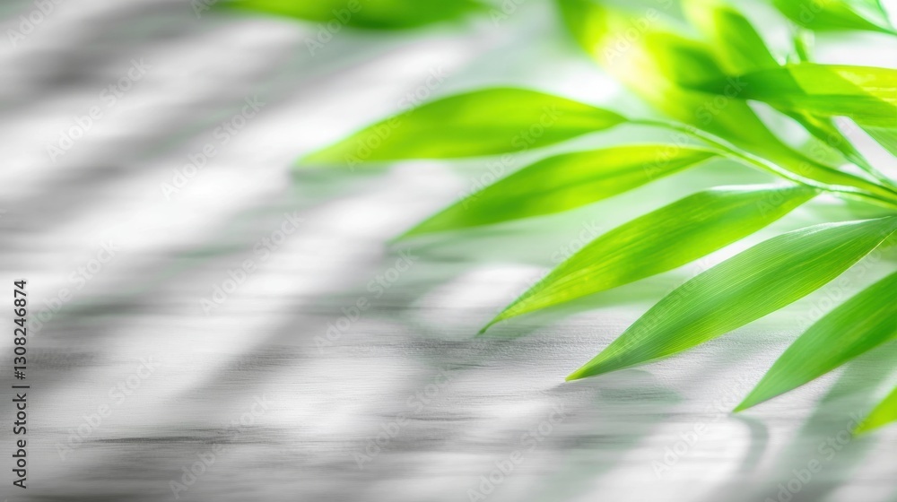 Poster vibrant green leaves rest gently on a soft surface, their shadows creating a tranquil atmosphere in 