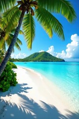 Azure sea laps white sand, palms arch overhead, island vista , clear water, tropical island, ocean view