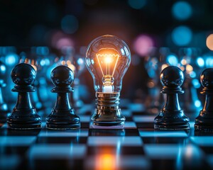 A glowing lightbulb sits among chess pieces, symbolizing strategic thinking and innovation in business.