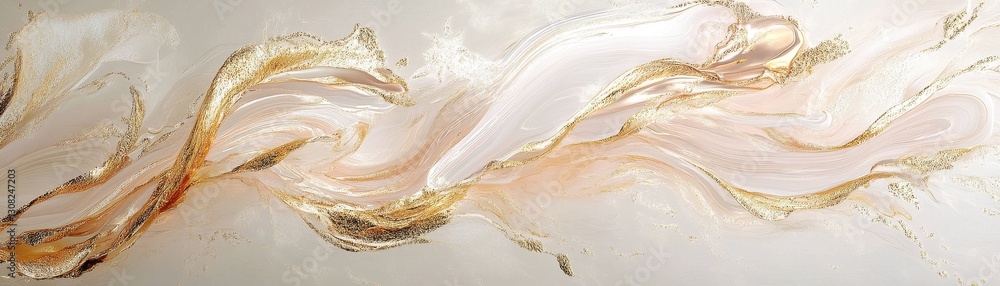 Poster a captivating painting features an elegant swirl of shimmering gold and soft white hues, gracefully 