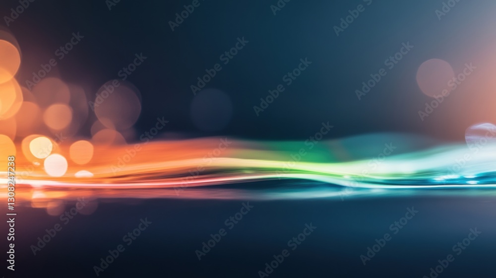Poster vibrant wave patterns flow gently across the dark surface, illuminated by warm, soft lights that enh