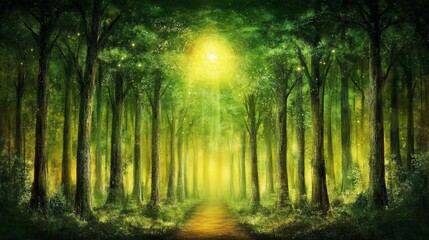Fototapeta premium Sunlit Forest Path, Magical Green Woods, Fantasy