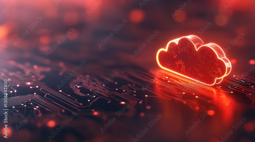 Poster a vivid cloud symbol illuminates a background of intricate circuit design, showcasing themes of digi
