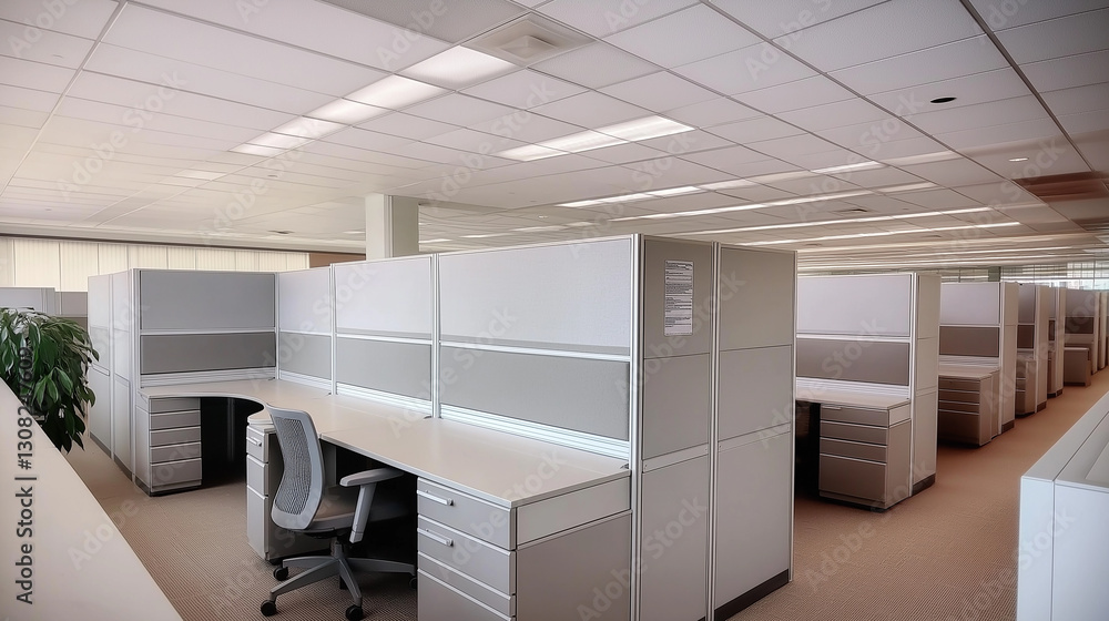Poster empty cubicles filling modern office space showing organized desks
