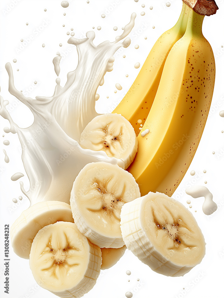 Poster bananas and sliced bananas splashing in milk on white background