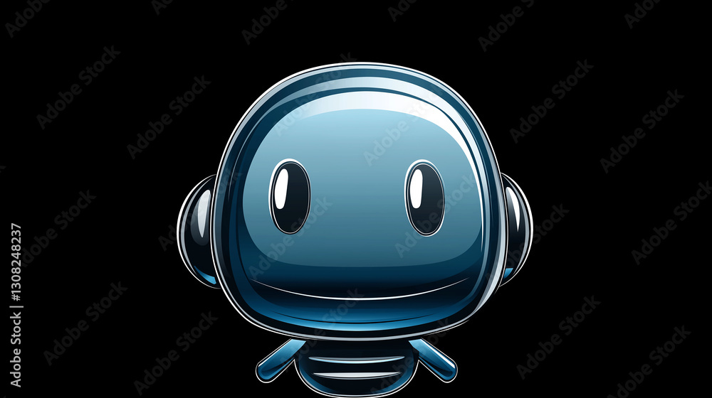 Poster cute blue robot smiling and looking forward on black background