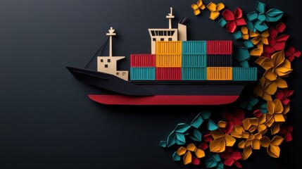 Obraz premium Colorful Ship Adorned with Vibrant Paper Flowers on Tranquil Waterscape