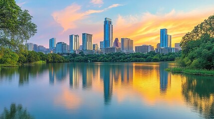 Fototapeta premium Golden Sunset Over Modern Cityscape, A Moment of Urban Tranquility 
