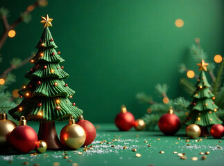 Generate an AI photo of a green Christmas illustration greeting card design featuring Christmas trees, stars, gold and silver Christmas balls, and the text "Merry Christmas" in gold.  Depth of field, 