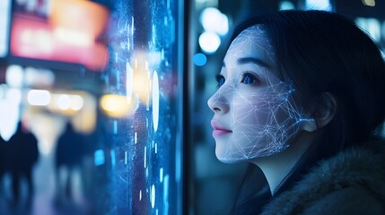 Tech-Enhanced Gaze: A modern woman is deeply engrossed in cutting-edge technology, with data visualization overlayed on her visage and a futuristic ear device.