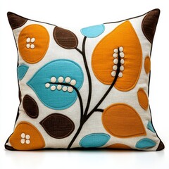 Textured Throw Pillow with Appliqued Leaves and Mid Century Modern Design, Generative AI.