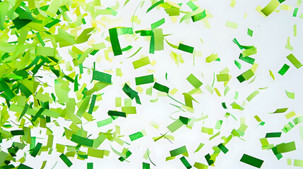 Green paper confetti pieces scattered on a white background. Festive celebration mood