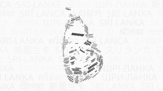 Sri Lanka intro animation. Country with regions illustration video. Background with country names in various languages. Regions of Sri Lanka animation. Creative video.