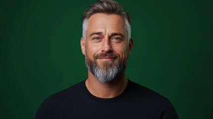 Smart and Suave: A distinguished man, his silver-streaked beard and captivating eyes exuding a blend of experience and approachability, poses with quiet confidence. His warm.