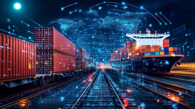Global Logistics: A fusion of rail transport, cargo ship, and data visualization signifies the interconnectedness of global trade and supply chain management.