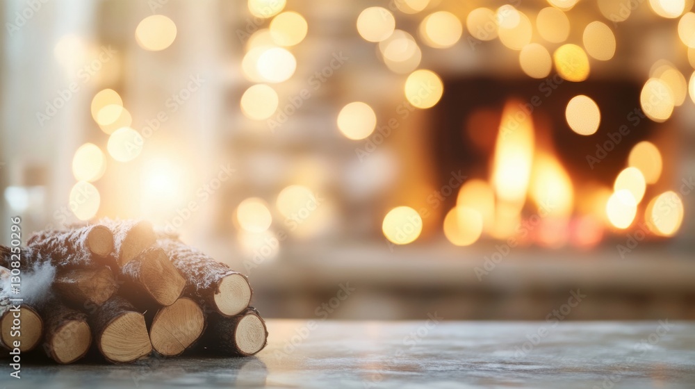 Poster a warm winter evening features stacked firewood in front of a glowing fireplace and twinkling bokeh 