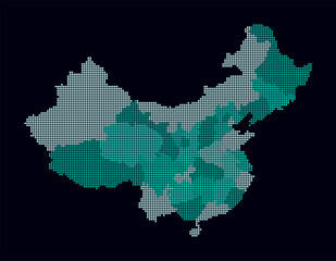Obraz premium China dotted map. Digital style map of the country on a dark background. China shape with circle dots. Colored dots style. Small-sized circles. Awesome vector illustration.