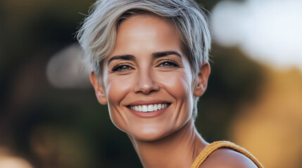 Portrait of smiling middle aged woman with short grey hair showing perfect teeth