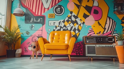Retro Living Room with Vibrant Graffiti Wall