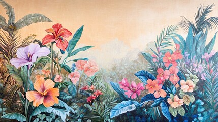 Lush Tropical Paradise: A Vibrant Floral Mural