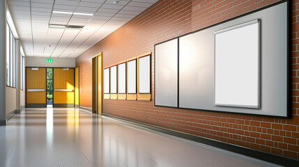 Empty frames hanging in school hallway with brick walls