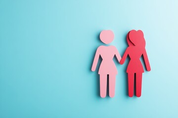 Embracing Love's Bonds: Two paper figures representing women stand hand-in-hand against a backdrop of vibrant blue, symbolizing a partnership of unity, love, and companionship.