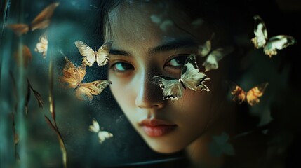 Enchanted Gaze: A Serene Portrait of a Woman Adorned with Butterflies