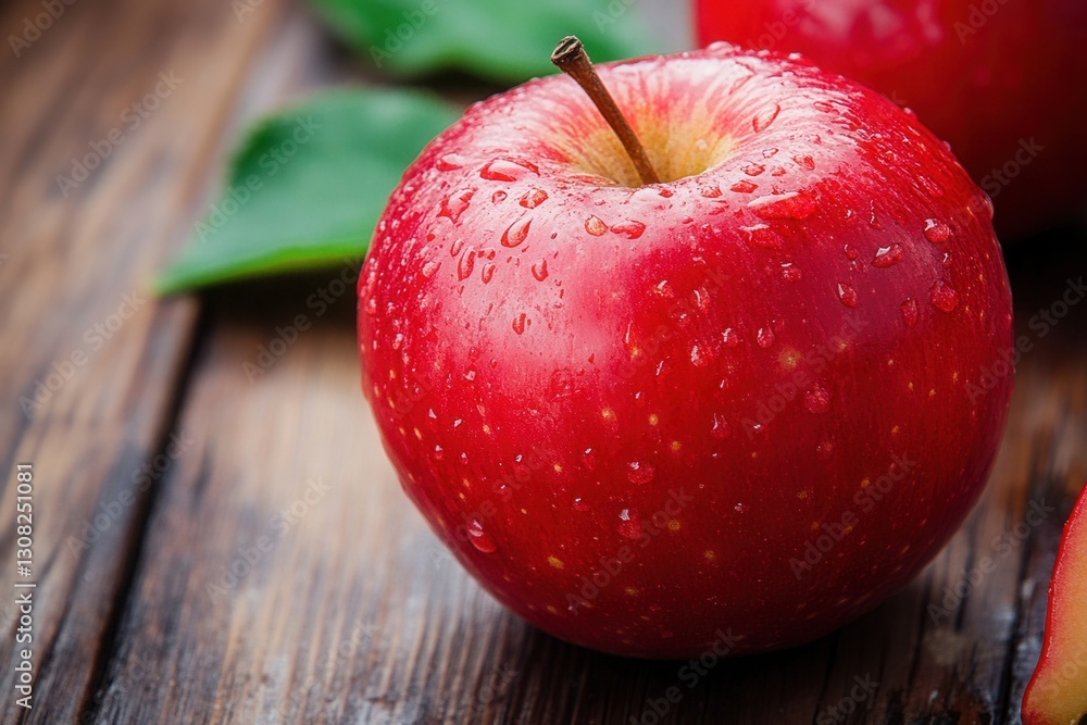 Poster fresh red apple with water droplets resting on a wooden surface surrounded by natures elements for h