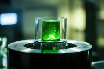 A glowing green cylindrical substance is contained within a clear glass cylinder, sitting on a dark circular base in a laboratory setting.