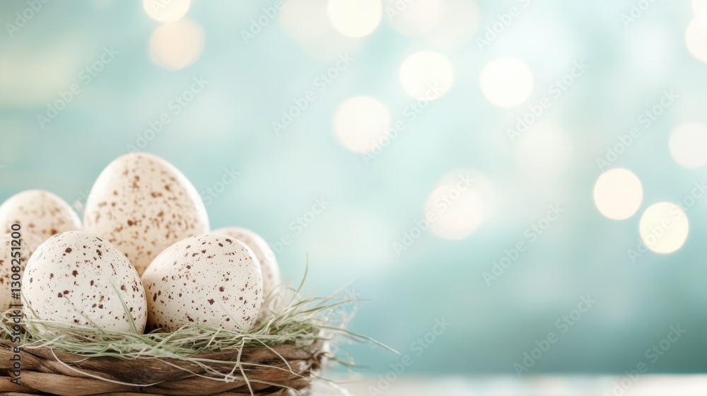Poster speckled decorative eggs resting in a nest create a serene spring atmosphere, complemented by softly