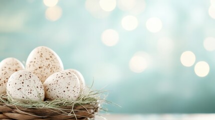 Obraz premium Speckled decorative eggs resting in a nest create a serene spring atmosphere, complemented by softly glowing bokeh lights in the background
