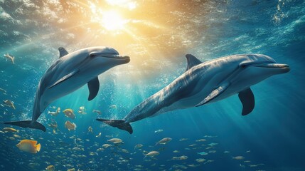 Fototapeta premium A vibrant swarm of white and yellow fish elegantly glides through serene deep blue-green waters, creating dynamic movement and harmony beneath the surface