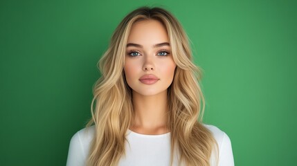 Fototapeta premium Serene Blonde Beauty: A captivating portrait of a young woman with flowing blonde hair and striking blue eyes, set against a vibrant green backdrop.