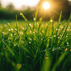 Fototapeta premium Lush green grass with dew drops glistening in sunlight, creating serene and refreshing atmosphere. warm sunlight enhances vibrant colors and details of grass blades