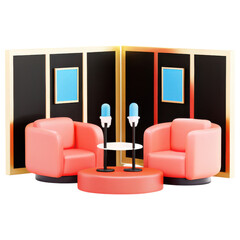 Podcast studio concept, Cozy podcast studio setup with pink chairs and microphones clipart isolated on transparency background