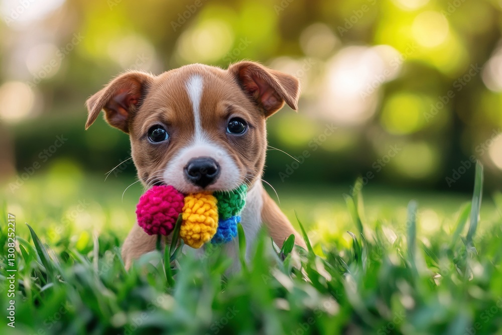 Poster Playful puppy sitting in lush grass with colorful chew toy, captured in soft natural light inviting fun and joy Generative AI