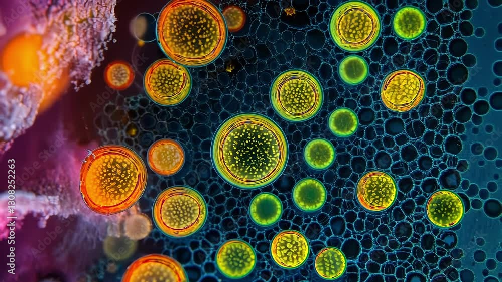 Poster close up of colorful plant cells under a microscope, showcasing intricate patterns and vivid colors.
