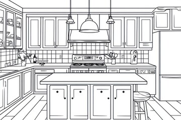Fototapeta premium Line drawing of a farmhouse style kitchen interior design.