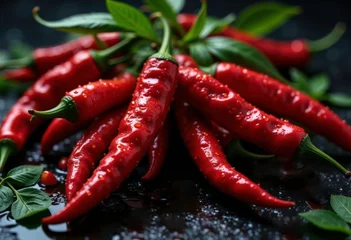 Glasschilderij  Close-up of vibrant red chili peppers with water droplets.  © Ananto