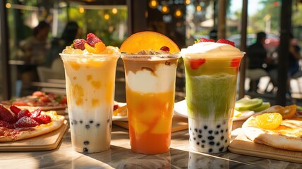different boba tea drinks in tall plastic cups