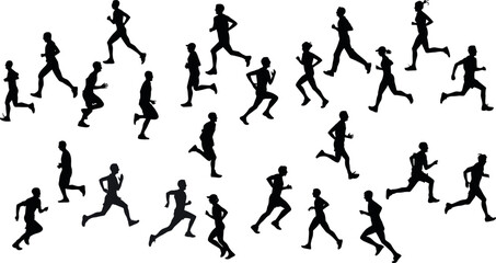 Runner silhouette vector set, running man woman sequence
